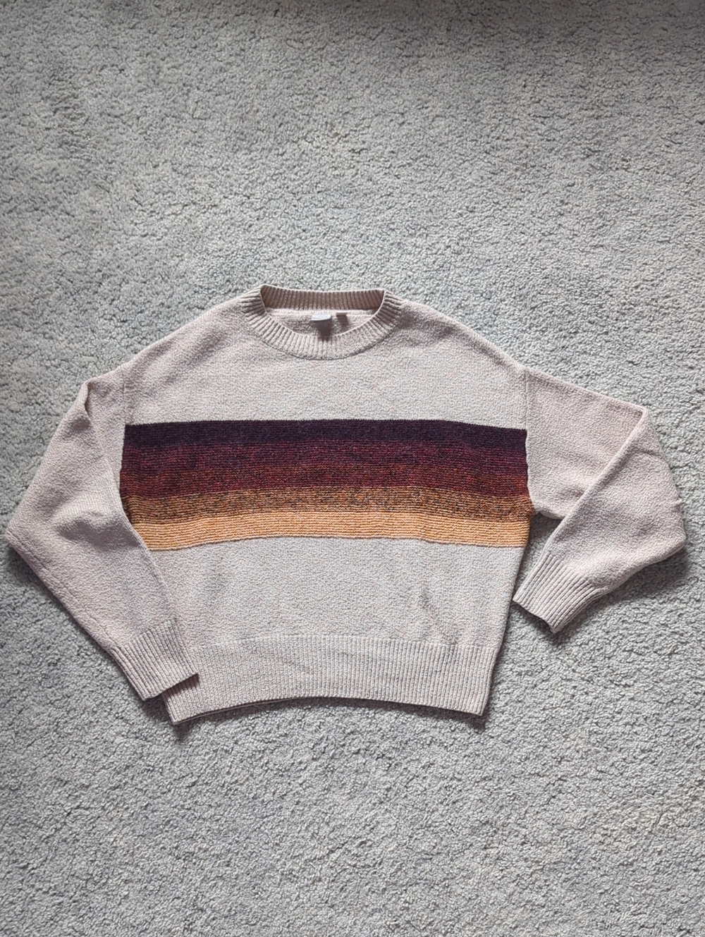 twik Cream Crewneck Sweater with Burgundy, Rust, and Mustard Stripes